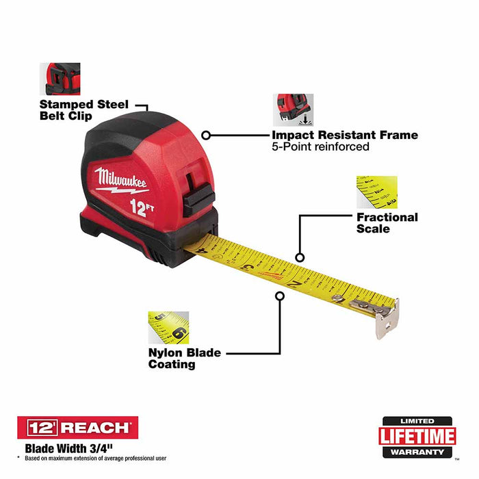 Milwaukee 48-22-6612 12' Compact Tape Measure - 2