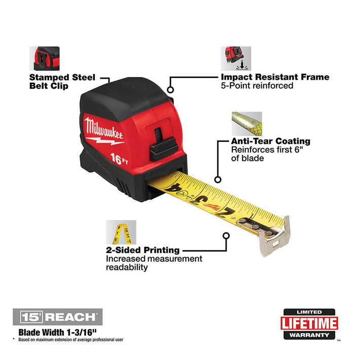 Milwaukee 48-22-0416 16' Compact Wide Blade Tape Measure - zsshoping.store