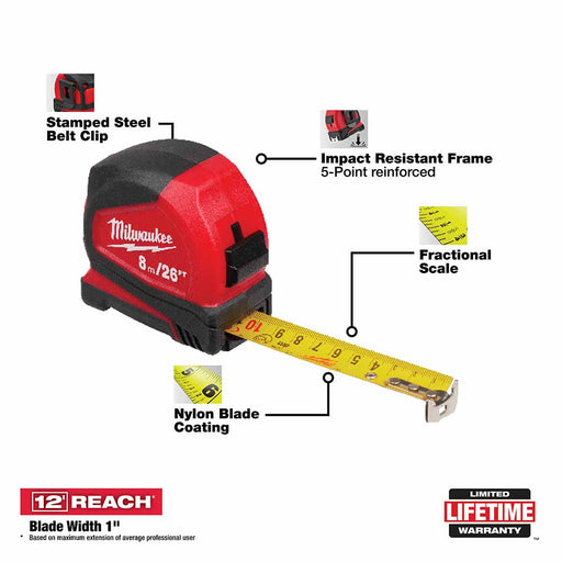 Milwaukee 48-22-6626 8m / 26' Compact Tape Measure - zsshoping.store